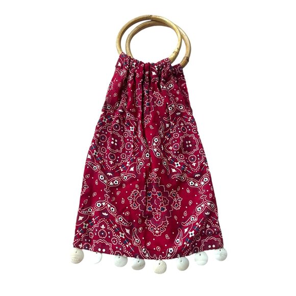 Small red, white, and blue bandana print bag with bamboo handles - Picture 2 of 5